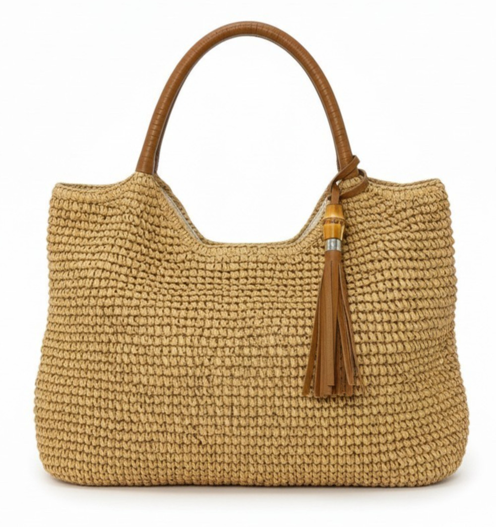 Tommy Bahama Tan Woven Raffia Straw Hobo Tote Bag Leather Handles Tassel Charm